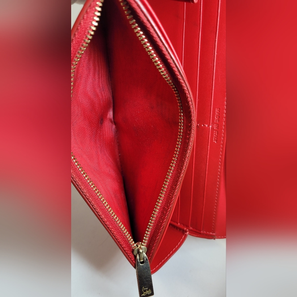 SOLD!!!Christian Louboutin Red Leather Macaron Spiked Clutch / Wallet - Picture 10 of 11